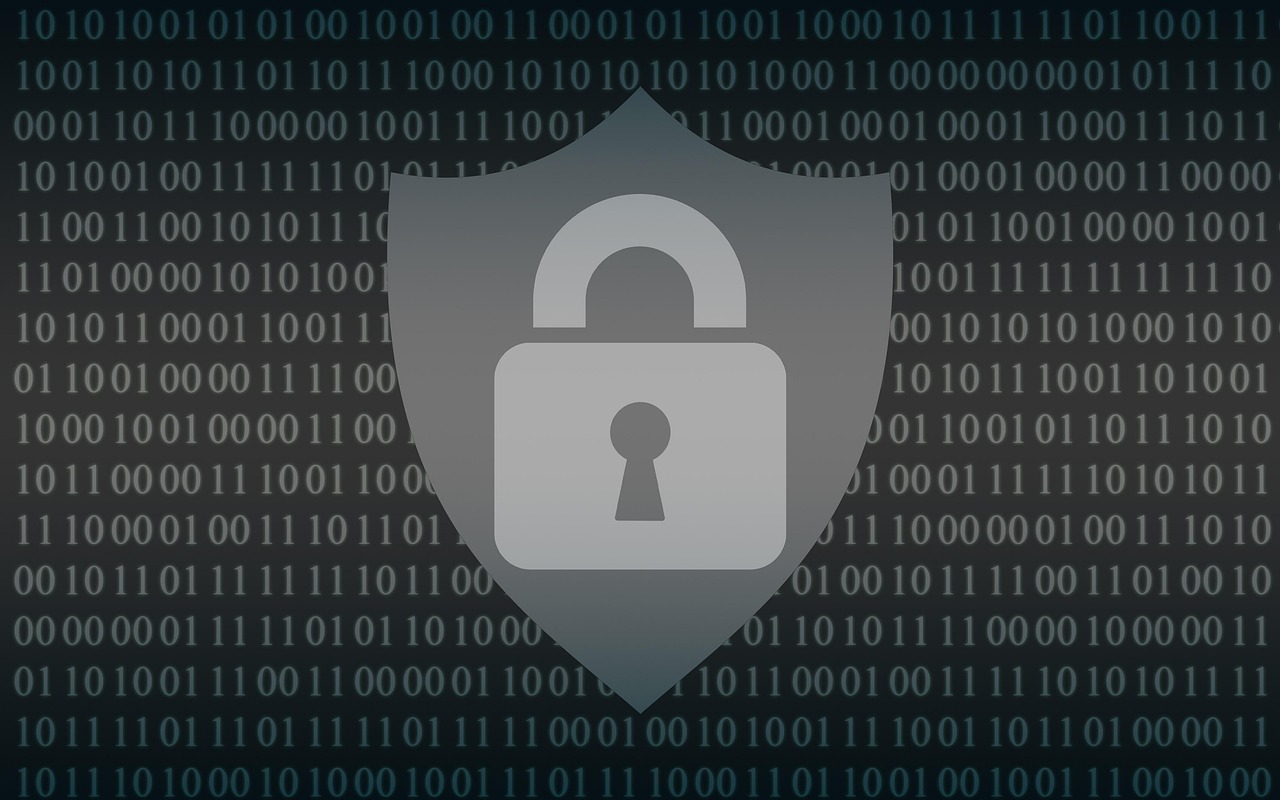 a graphical depiction of a firewall: a shield containing a padlock set against a background of binary code